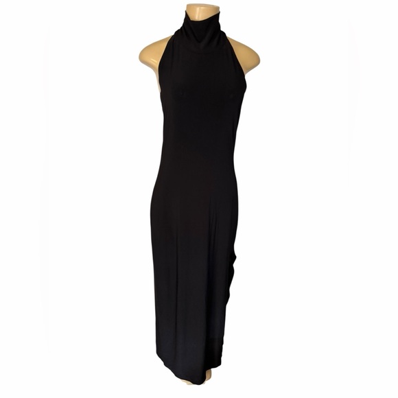 Norma Kamali Halter Turtleneck Side Slit Gown stretchy pullover black dress lrg - Picture 2 of 7